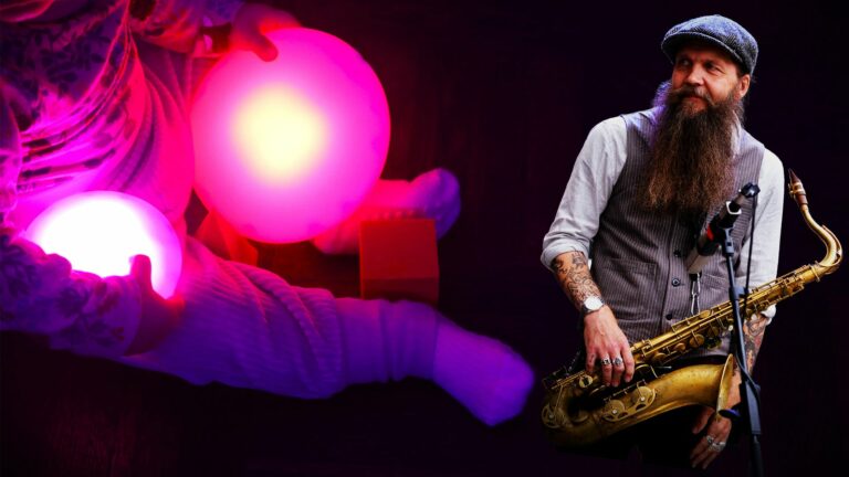 On the left, a baby’s hands are holding pink glowing balls; on the right is the saxophonist Sami Sippola.
